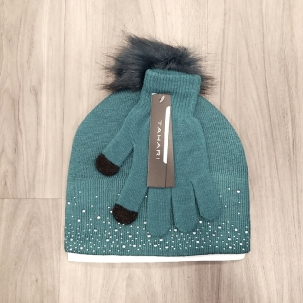 Tahari Rhinestone Faux Fur Pom Pom Hat & Gloves Set